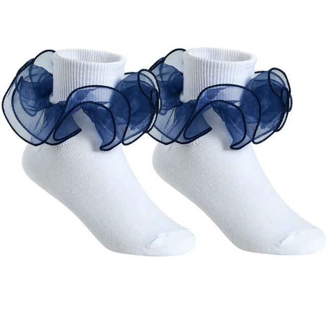 Little Girls Big Ruffle Socks Cute Double Lace Frilly Dress Socks 6 Pairs (S)